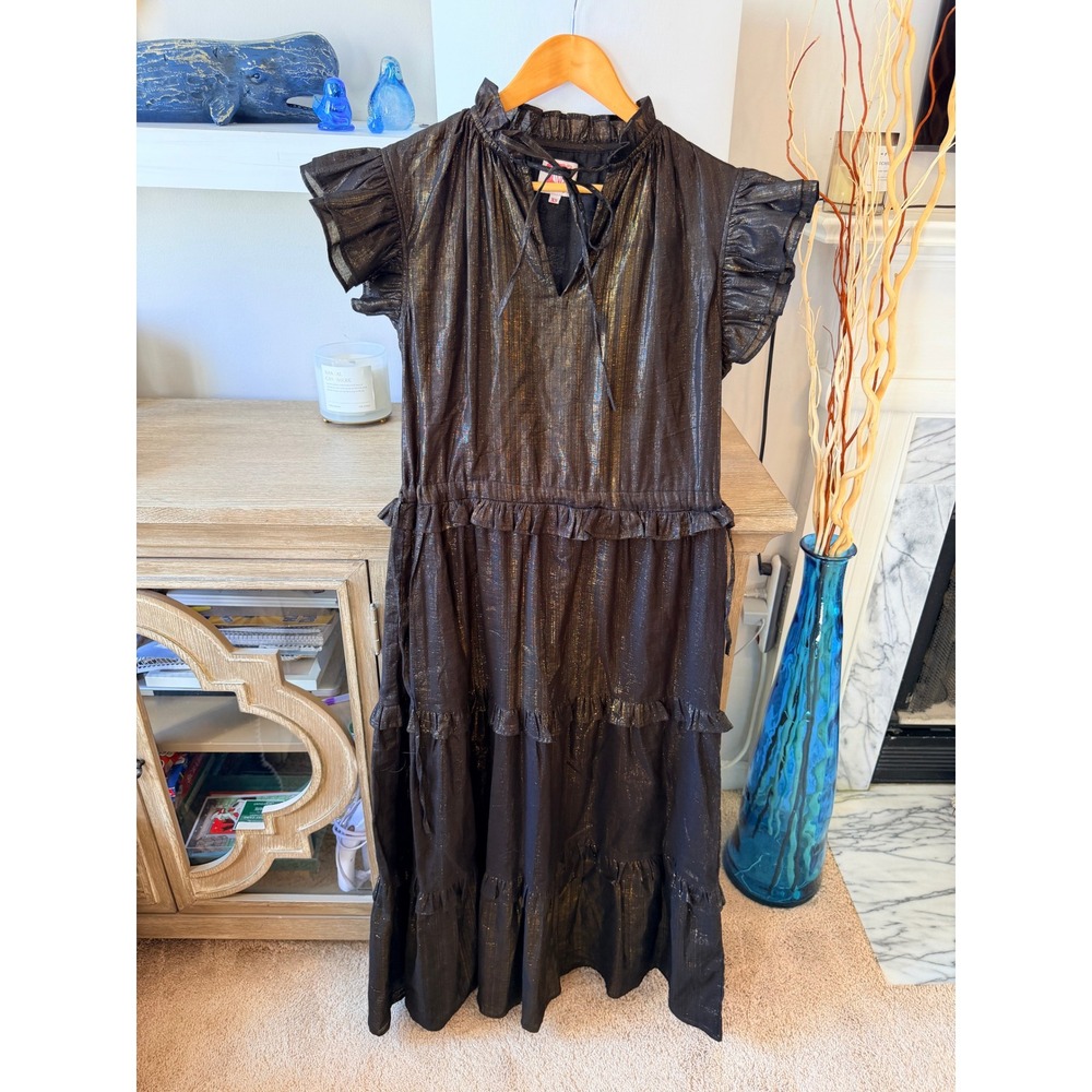 Victoria Dunn Tiered Maxi Dress Womens‎ Black Gold Metallic XS
